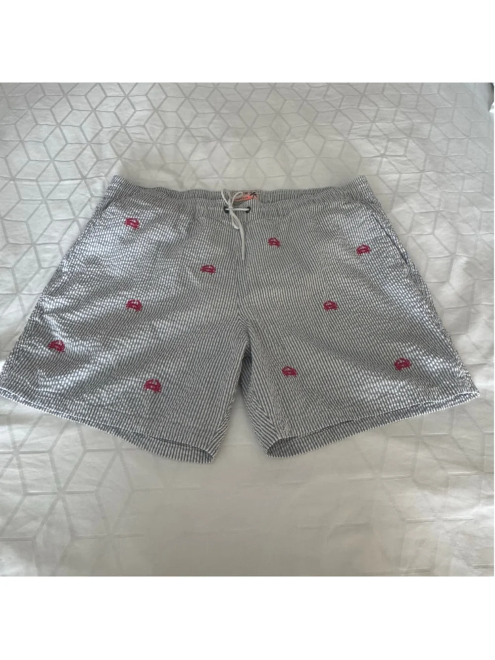 J.Crew Seersucker Crab Print Swim Trunks Men Large Blue White Lined Beach Short